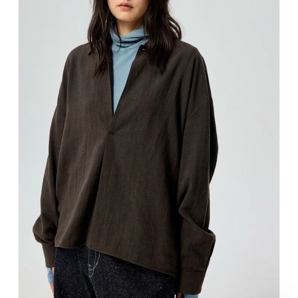 Simple Project Minimalist Oversized Brown Deep V-Neck Blouse shirt S - Picture 2 of 11